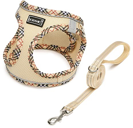 DORAMIO Hundegeschirr Kleine Hunde mit Leine, Step-in Geschirr Reflektierend Atmungsaktiv Brustgeschirr Anti Zug Sicherheitsgeschirr Katzengeschirr für Kleine Hunde, Katzen (Beige, M)