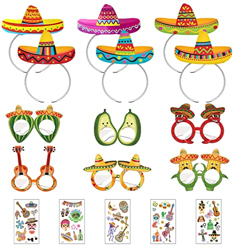TIMJJG Set di oggetti di scena messicani da 12 pezzi, 5 adesivi, festa a tema messicano, oggetti di scena per il trucco, fasce decorative per bambini, adatte per la decorazione di feste, mascherate