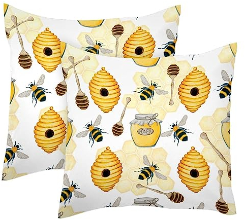 Bees Honey Jar Spoon and Beehive 2 Pack Square Throw Pillow Covers Decorative Soft Velvet Pillowcase for Couch Sofa Bed Car Living Room, 40x40cm