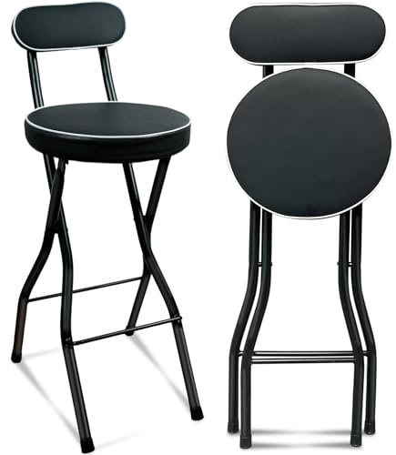 UWEAR 1 PCS Folding Bar Stool with Back, Tall Foldable Stool Seat Padded Portable Stools Counter Height Foldable Stools Chairs Collapsible Stool for Adults Kitchen Island (Black)