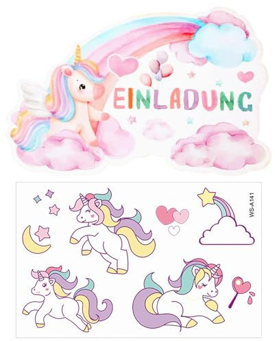 MAXQUU 12 Stück Regenbogen-Pferd-Einladungskarte mit 1 wasserfesten Tattoo-Aufkleber, Cartoon-Geburtstagseinladungskarte, Kindereinladung, Themenparty-Zubehör