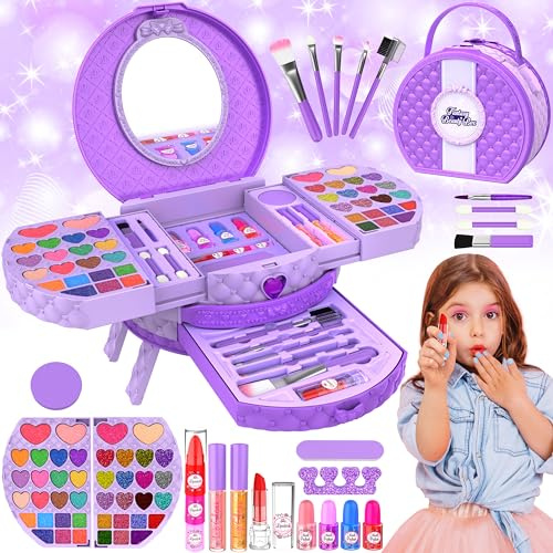 66Pcs Kids Makeup Set with Stand,Portable Starter Kit for Girls Age 3-12 | Includes 14 lip glosses,19 eye shadows,4 blushes,4 lipsticks,4 nail polishes,brushes & mirror;water washable;pretend play.