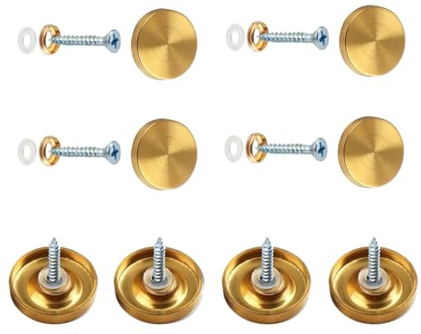 8 Sets Spiegelschrauben, 22 mm Spiegelnägel mit dekorativen Kappen, Spiegelabdeckungen aus gebürstetem Edelstahl mit Unterlegscheiben für Tische, Badplatten, Möbelbeschläge, Gold