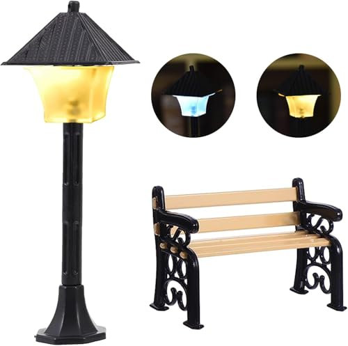 Charfia Wichtel Zubehör, Miniature Lantern Bench Mini Garten Wird es leuchten Lights Model Making Fairy Möbel Garten Gewächshaus Zubehör, Wichtel Deko