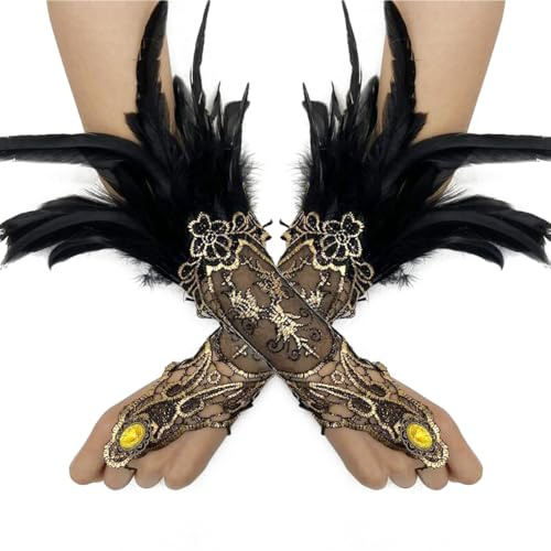 Fingerlose Damenhandschuhe aus Federspitze, Gothic-Feder-Langhandschuhe, schwarze Federspitzen-Manschetten, geeignet für Halloween, Cosplay, Maleficent-Kostüme (schwarz, 1 Paar)