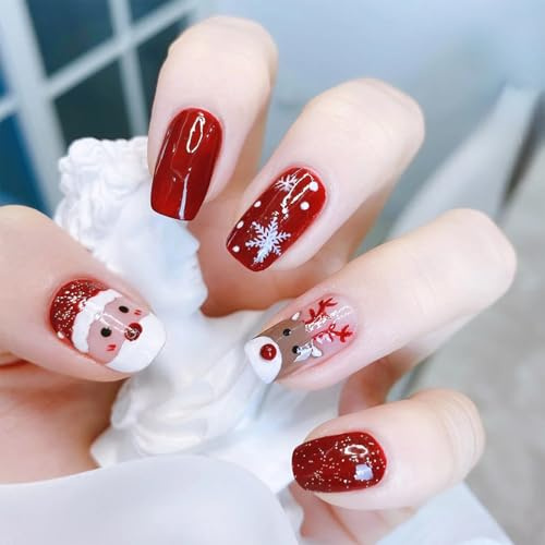 NICENEEDED 24PCS Presse de Noël Sur les Ongles Faux Ongles Père Noël Ongles Artificiels Rouges Stick à Ongles en Acrylique à Couverture Complète Sur les Ongles
