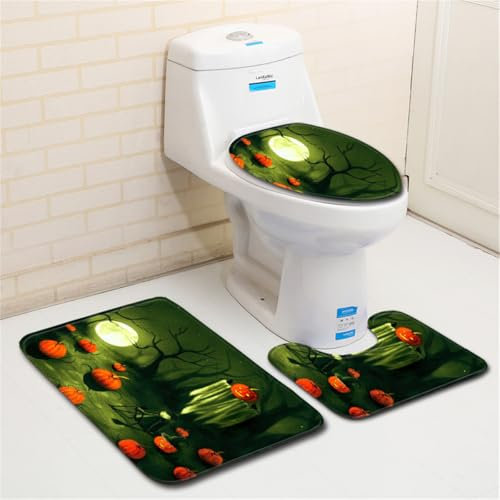 Bad Teppiche Set 3-Teiliges Dunkelgrüner Kürbis WC Vorleger Mit Ausschnitt Badematte Saugfähig WC Deckelbezug Badvorleger rutschfest Waschbar Toilettensitzbezug Badgarnitur (50x80cm)