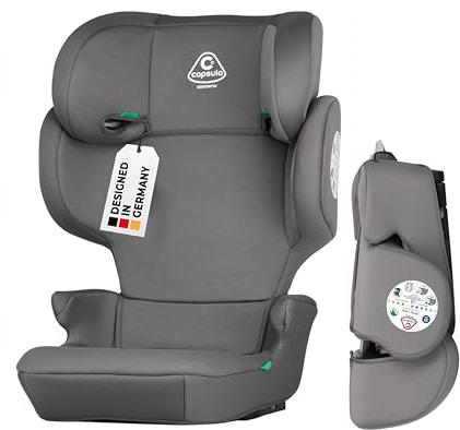 capsula® Kindersitz-Isofix-I-Size I Gruppe II/III, 15–36 kg, 100–150 cm, 4–12 Jahre, faltbar, 14-fach verstellbar, Seitenschutz, universeller Autositz für Kinder, grau