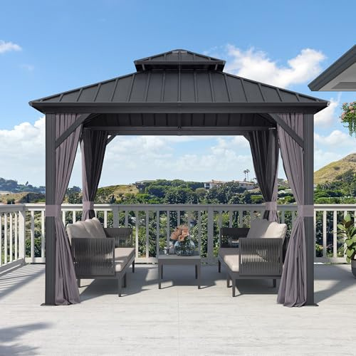 PURPLE LEAF Toldo de Jardín Exterior de Aluminio 3 x 3 m, Pérgola de Jardín Exterior con Doble Techo Rígido de Acero Galvanizado, Pabellón con Cortinas y Mosquitera para Terraza, Barbacoa, Gris