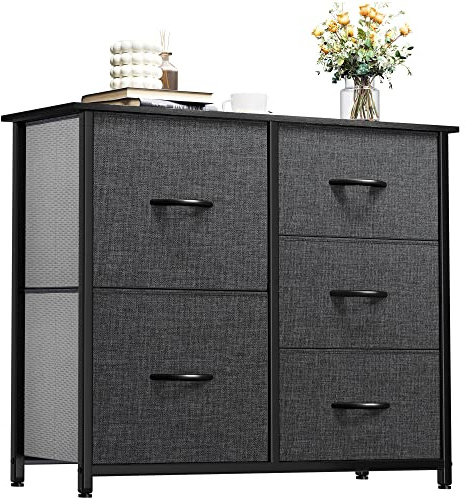 YITAHOME Kommode,Kommode mit 5 Schubladen,Schrank,Stoffschubladen mit Griffen,Metallgestell,für Wohnzimmer Flur Schlafzimmer,Dauerhaft,Schwarz Grau