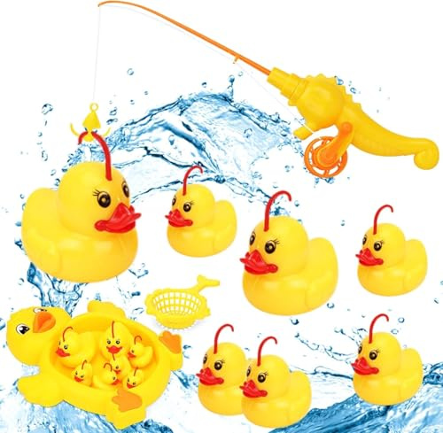 ChAusa 10 Piezas Juguetes Bañera Bebe Juego de Pesca,Juguetes Bebes 6-12 Meses,Juguetes Niños 1 Año,Juguetes Baño Bebe con Red de Pesca,Cañas de Pescar,Pequeño Estanque de Patos Juguetes Baño