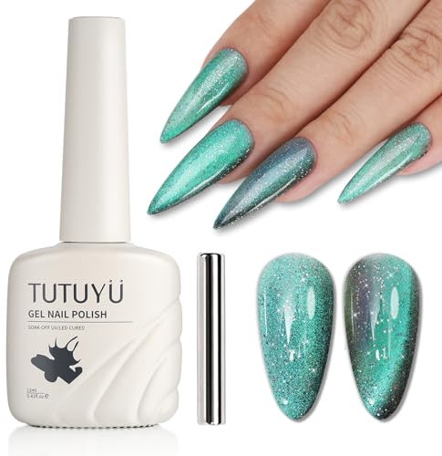 TUTUYU Aurora Green Cat Eye Gel Nagellack,Quicksand Galaxy Holographic Cateye Green Gel Polish with Magnet, Green & Silver Shimmer Velvet Soak Off Uv Led Home Diy Manicure