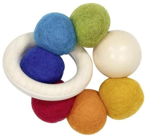 goki baby 65355 - Greifling Elastik Regenbogen aus Holz und Wollfilz, Bunte Holzkugeln, fördert Greifreflex und unterstützt den Entwicklungsprozess, Made IN Germany, 9cm x 4cm x 9cm, ab Geburt