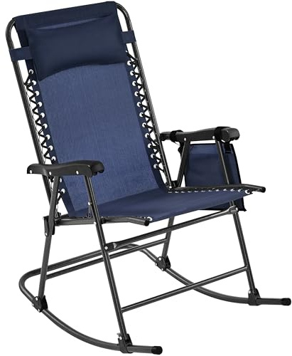 Yaheetech Schaukelstuhl Gartenstuhl mit Kopfkissen bis 120kg, Marineblau | Faltbar Terassenstuhl Balkonstuhl mit Ergonomischer Rücklehne & Armlehne für Garten Veranda Pool