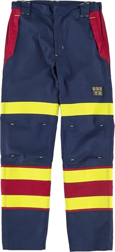 WORKTEAM B1499 Pantalón Ignífugo Combinado, Antiestático con protección para Soldadura y Arco Eléctrico, Slim Fit, con Cintas Fluorescentes y Triple Costura. Unisex Marino+Rojo+Amarillo A.V. M
