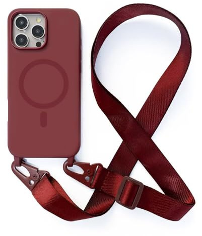 Handykette Hülle für iPhone 12(6.1)/iPhone 12 Pro(6.1) mit Band Halsband Lanyard (abnehmbar) Handyhülle, Verstellbarer Lanyard.Magnetisch Stoßfest Silikonhülle Wireless Charging kompatibel .-Rot