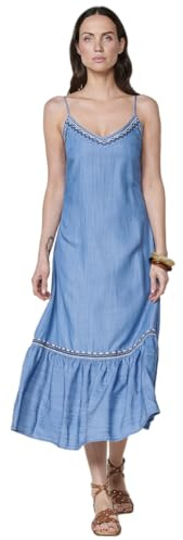 Koroshi Robe longue effet denim bleu clair pour femme avec col en V et broderie ethnique de couleur bleu moyen, bleu, X-Small