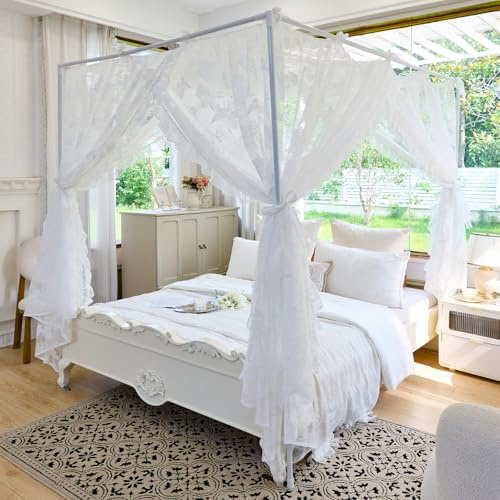 AIKASY Elegante Spitze Prinzessin 4 Poster Betthimmel Moskitonetz - Romantische Hochzeit Braut Schlafzimmer Dekor Kinderzimmer Bettvorhang für Damen Erwachsene - (Weiß - 4, Queen)