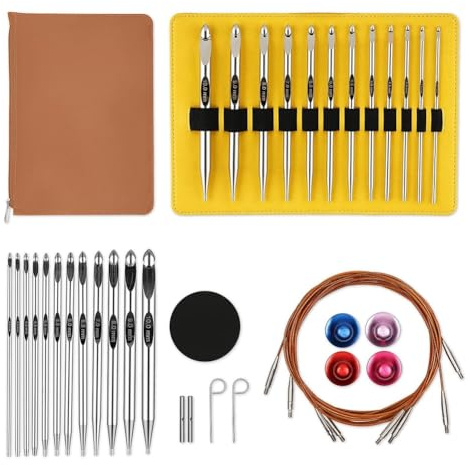 Baeroprki Tunesisches Häkelnadel-Set mit Kabel, 6-Aluminium, Austauschbare Häkelnadeln, 3 mm - 10 mm Lange Häkelnadeln