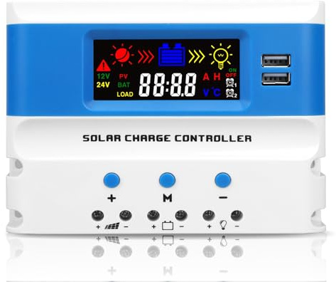 NUOWEIDE 20A Solar Laderegler 12V/24V, PWM 20A Solarladeregler mit Temperatursensor, 2 USB Ports, Solarladeregler für 12V/24V Blei Säure Batterie und Lithium-Batterien