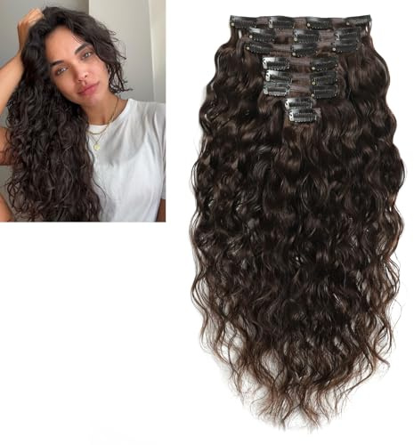 Larafona Hair Extensions Clip In Echthaar Haarverlängerung, 100% Remy Human Hair Extensions Dunkelbraun 2# Großes Lockiges Haar Frisur 16inch/40cm