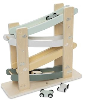 Jollein Pista in legno auto – On The Go – pista da corsa con 4 auto in legno – promuove abilità motorie e coordinazione – giocattolo auto – idea regalo per bambini – rampa auto