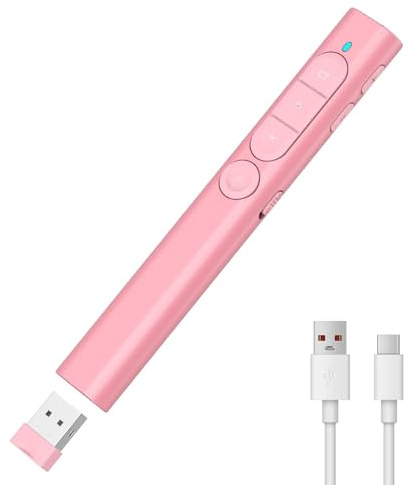 elzle Clicker de Presentaciones Inalámbrico, Control Remoto para Diapositivas con Hipervínculo y Control de Volumen, Plug & Play y Compatible con PPT, Mac, PC, Laptop - Rosa