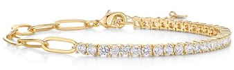 PAVOI 14K Yellow Gold Plated Paperclip Tennis Bracelets | Link Chain Gold Bracelet for Women with Round Cubic Zirconia | Adjustable Trendy Bridal Jewelry - Yellow