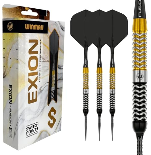 WINMAU Dart - Exion 24g stålspetsdartset | Professionellt 90% tungstendartset | Switch Point Tech | Onyx & guld parallella fat | 2x utbytbara spetsar (våg/slät) snabbväxlingssystem