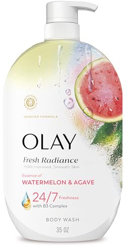Olay Body Wash for Women, Fresh Radiance, 24/7 Skin-Loving Freshness, Visibly Radiant, Plant Based Cleansers, Vitamin B3 & Antioxidant Blend, For All Skin Types, Watermelon & Agave Scent, 35 fl oz