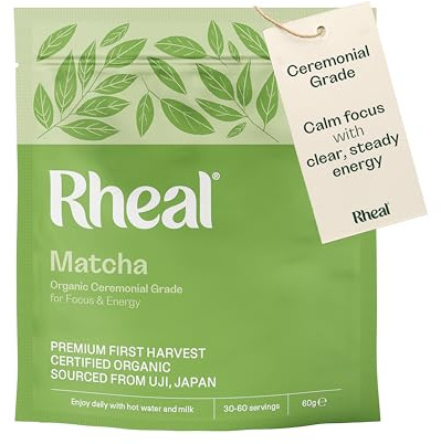 Rheal Organic Ceremonial Matcha 60g | 60 serving ceremonial Japanese matcha with natural caffeine and L-theanine to support calm energy, focus and concentration
