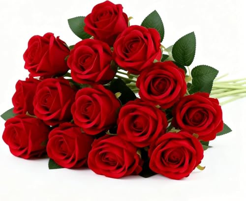 JIXUAN Künstliche Rote Rosen mit Langen Stielen, 12 Stück, Fake Blumen | Kunstrosen Blumen, Für DIY Rosenstrauß, Hochzeitsdeko, Tischdeko, Valentinstag Dekoration