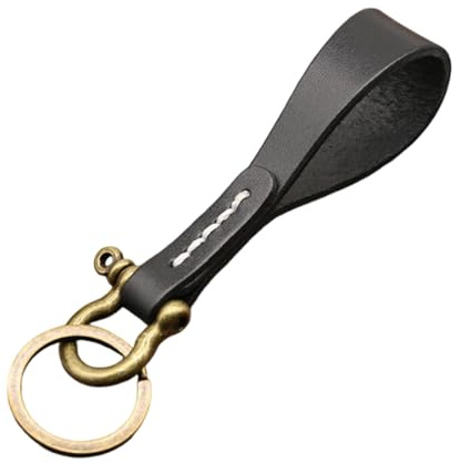 Greabuy äkta läderkedja för bil fotbäddshållare, män kvinnor läderkedja nyckelringar, Svart, Copper buckle