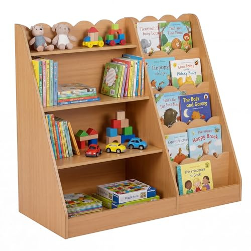 COSTWAY Kinder Bücherregal aus Holz, 5 stufiges Kinderregal mit 4 offenen Ablagen & versteckem Ablagefach, Zeitungsständer Spielzeugregal, Aufbewahrungsregal für Spielzimmer, Kinderzimmer (Natur)