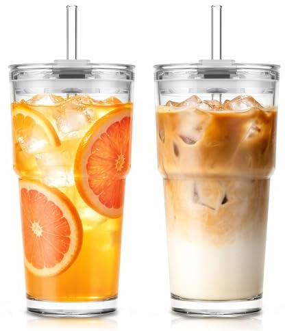 KEMORELA 600ml Glass Tumbler Set of 2 with Lid and Straw – Leak Proof Iced Coffee Cups, Reusable Glass Cups for Coffee, Matcha, Smoothies, Juice – Fit Car Cup Holder, Durable Aesthetic Glassware