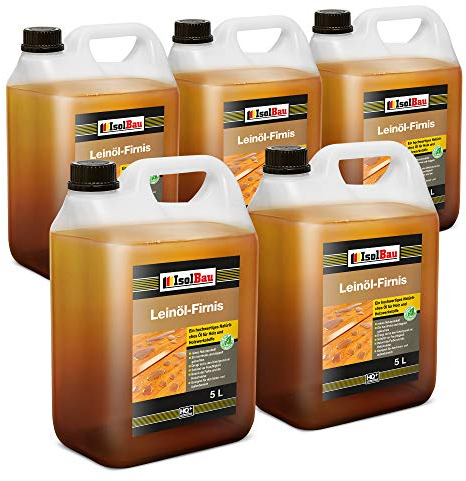 Isolbau Leinöl-Firnis - 5 x 5 Liter - Leinöl für Holz - Holzschutz für Außen und Innen Wetterfest - Doppelt gekochtes Holzöl als natürlicher Schutz für Möbel - Wasserabweisend
