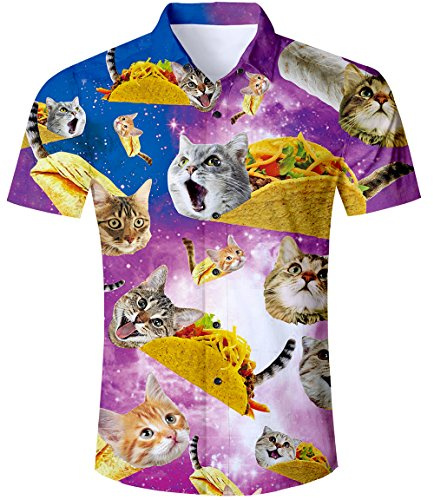 TUONROAD Camicia Hawaiana Uomo Funky Fantasia Pizza Cat 3D Stampa Vintage Viola Camicia Slim Fit Manica Corta Camicia da Spiaggia Bottone Estivo Casual Shirt - M
