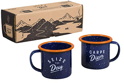 Gentlemen's Hardware Set of Two Enamel Espresso Mugs, Product Size: 52 x 88 x 70mm, Colour: Navy/Orange, Reads ‘Seize The Day’ and ‘Carpe Diem’, GEN323.