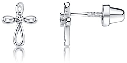 Cherished Moments Girl's Dainty .925 Sterling Silver Infinity Cross Screw Back Earrings with CZ Baptism or Christening Gift for Babies, and Toddlers