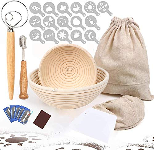 Brot Gärkörbchen Set Geeignet für Den Hausgebrauch Bäckerei Brot Machen Gärkorb Mit 23CM 25CM Größe Rund Gärkörbchen für Brot Backen Zubehör (Rattan)