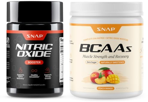 Snap Supplements Nitric Oxide Booster + BCAA Complete EAA Matrix Powder Bundle, 60 Vegetarian Capsules + 30 Servings Peach Mango
