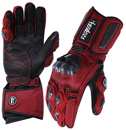 Harssidanzar Leather Motorcycle Gloves for Men and Women,Powersports Carbon Fiber Knuckle Protection Motorbike Gloves KM045,Oxblood/Black, Size L