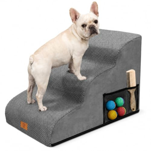 MASTERTOP Escaliers pour Chiens à 3 Marches en Mousse Haute Densité, Échelle Large pour Animaux de Compagnie, Escaliers Chien Antidérapant avec Housse Amovible pour Monter Canapé et Lit (Gris)