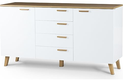 Konsimo Kommode Frisk 150x81x46 cm - Modern Kommode mit Türen und Schubladen - Kommodenschrank mit Griffe und Beine aus Holz - Wohnzimmerschrank für Schlafzimmer Esszimmer - Weiß