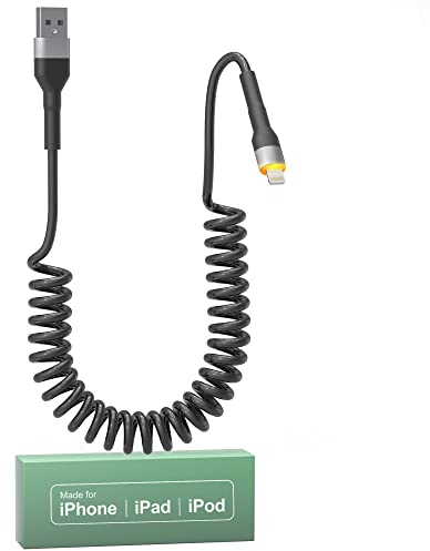 KETAKY Plus Lightning Apple Carplay Kabel, MFi Zertifiziert, iPhone Spiralkabel Kurz Mit Datensynchronisation Und LED, Für iPhone/Pad/Pod, Schwarz
