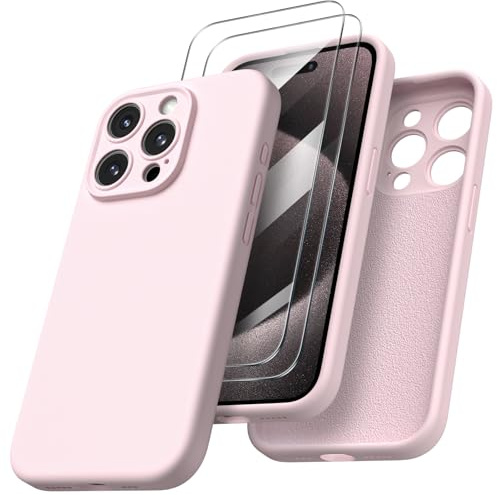 ORNARTO Compatible with iPhone 15 Pro Case 6.1 inch, with 2 x Screen Protector Liquid Silicone Gel Rubber Cover [Full Body] Shockproof Protective iPhone Case for iPhone 15 Pro-Chalk Pink