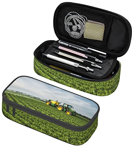 BAAROO Federmäppchen mit Traktor und grünem Bauernland-Druck, großes Fassungsvermögen, tragbares Federmäppchen für Erwachsene und Büro, 21,1 cm L x 9,9 cm B x 5,1 cm H, #958, 21x9.5x5cm