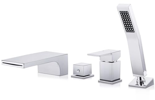 SHANFO 4 Loch Wannenrandarmatur Wasserfall, 4 Loch Badewannenarmatur mit Handbrause, Fliesenrandarmatur für Badewanne, Chrom, 10Y1OK