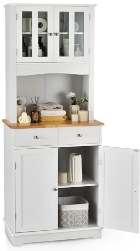 COSTWAY Küchenschrank hoch, 170 cm Buffetschrank Holz, Hochschrank mit 2 Schubladen & verstellbaren Ablagen & Glastüren & Kabelloch, Küchenbuffet freistehend, Buffet für Küche Esszimmer, Weiß