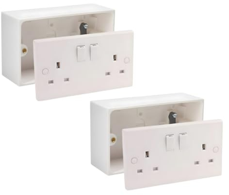 13A Double White Switched Socket Electrical Outlet with Fixing Screws & Double Pattress Back Box Surface Mounted 2 Gang (2, SET with 35mm Box)